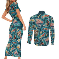 Hawaiian and Japanese Culture Together Couples Matching Short Sleeve Bodycon Dress and Long Sleeve Button Shirt Hawaiian Island Shapes with Japanese Landscape Teal Color LT03 - Polynesian Pride