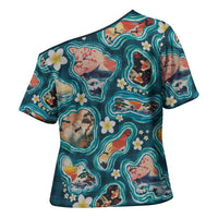 Hawaiian and Japanese Culture Together Cross Shoulder Shirt Hawaiian Island Shapes with Japanese Landscape Teal Color LT03 - Polynesian Pride