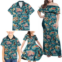 Hawaiian and Japanese Culture Together Family Matching Off Shoulder Maxi Dress and Hawaiian Shirt Hawaiian Island Shapes with Japanese Landscape Teal Color LT03 - Polynesian Pride