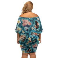 Hawaiian and Japanese Culture Together Family Matching Off Shoulder Short Dress and Hawaiian Shirt Hawaiian Island Shapes with Japanese Landscape Teal Color LT03 - Polynesian Pride