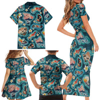 Hawaiian and Japanese Culture Together Family Matching Short Sleeve Bodycon Dress and Hawaiian Shirt Hawaiian Island Shapes with Japanese Landscape Teal Color LT03 - Polynesian Pride