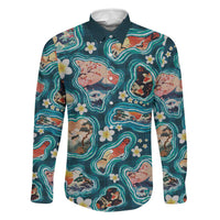 Hawaiian and Japanese Culture Together Family Matching Tank Maxi Dress and Hawaiian Shirt Hawaiian Island Shapes with Japanese Landscape Teal Color LT03 Dad's Shirt - Long Sleeve Teal - Polynesian Pride