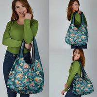 Hawaiian and Japanese Culture Together Grocery Bag Hawaiian Island Shapes with Japanese Landscape Teal Color LT03 - Polynesian Pride