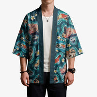 Hawaiian and Japanese Culture Together Kimono Hawaiian Island Shapes with Japanese Landscape Teal Color LT03 - Polynesian Pride