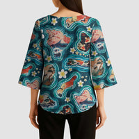 Hawaiian and Japanese Culture Together Kimono Sleeve Blouse Hawaiian Island Shapes with Japanese Landscape Teal Color LT03 - Polynesian Pride