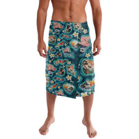 Hawaiian and Japanese Culture Together Lavalava Hawaiian Island Shapes with Japanese Landscape Teal Color LT03 Teal - Polynesian Pride