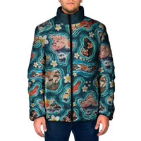 Hawaiian and Japanese Culture Together Padded Jacket Hawaiian Island Shapes with Japanese Landscape Teal Color LT03 Men Teal - Polynesian Pride