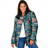 Hawaiian and Japanese Culture Together Padded Jacket Hawaiian Island Shapes with Japanese Landscape Teal Color LT03 Women Teal - Polynesian Pride