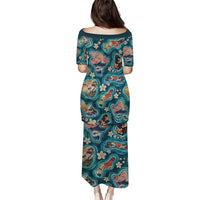 Hawaiian and Japanese Culture Together Puletasi Hawaiian Island Shapes with Japanese Landscape Teal Color LT03 - Polynesian Pride