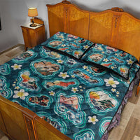Hawaiian and Japanese Culture Together Quilt Bed Set Hawaiian Island Shapes with Japanese Landscape Teal Color LT03 - Polynesian Pride