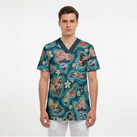 Hawaiian and Japanese Culture Together Scrub Top Hawaiian Island Shapes with Japanese Landscape Teal Color LT03 - Polynesian Pride