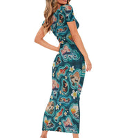 Hawaiian and Japanese Culture Together Short Sleeve Bodycon Dress Hawaiian Island Shapes with Japanese Landscape Teal Color LT03 - Polynesian Pride