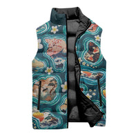 Hawaiian and Japanese Culture Together Sleeveless Puffer Jacket Hawaiian Island Shapes with Japanese Landscape Teal Color LT03 - Polynesian Pride