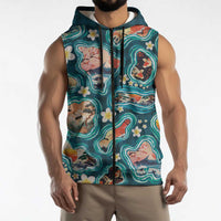 Hawaiian and Japanese Culture Together Sleeveless Zip Hoodie Hawaiian Island Shapes with Japanese Landscape Teal Color LT03 - Polynesian Pride