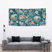 Hawaiian and Japanese Culture Together Tapestry Hawaiian Island Shapes with Japanese Landscape Teal Color LT03 - Polynesian Pride