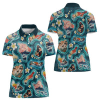 Hawaiian and Japanese Culture Together Women Polo Shirt Hawaiian Island Shapes with Japanese Landscape Teal Color LT03 - Polynesian Pride