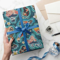 Hawaiian and Japanese Culture Together Wrapping Paper Hawaiian Island Shapes with Japanese Landscape Teal Color LT03 - Polynesian Pride