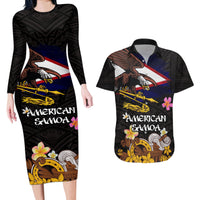 American Samoa Fue and Kava Bowl Couples Matching Long Sleeve Bodycon Dress and Hawaiian Shirt Plumeria and Polynesian Pattern LT03 Black - Polynesian Pride