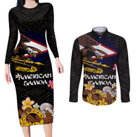 American Samoa Fue and Kava Bowl Couples Matching Long Sleeve Bodycon Dress and Long Sleeve Button Shirt Plumeria and Polynesian Pattern LT03 Black - Polynesian Pride