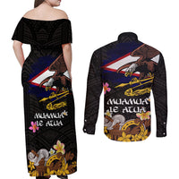 American Samoa Fue and Kava Bowl Couples Matching Off Shoulder Maxi Dress and Long Sleeve Button Shirt Plumeria and Polynesian Pattern LT03 - Polynesian Pride