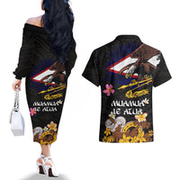 American Samoa Fue and Kava Bowl Couples Matching Off The Shoulder Long Sleeve Dress and Hawaiian Shirt Plumeria and Polynesian Pattern LT03 - Polynesian Pride