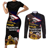American Samoa Fue and Kava Bowl Couples Matching Short Sleeve Bodycon Dress and Long Sleeve Button Shirt Plumeria and Polynesian Pattern LT03 Black - Polynesian Pride