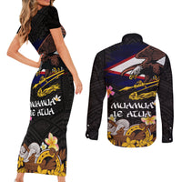 American Samoa Fue and Kava Bowl Couples Matching Short Sleeve Bodycon Dress and Long Sleeve Button Shirt Plumeria and Polynesian Pattern LT03 - Polynesian Pride