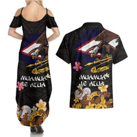 American Samoa Fue and Kava Bowl Couples Matching Summer Maxi Dress and Hawaiian Shirt Plumeria and Polynesian Pattern LT03 - Polynesian Pride