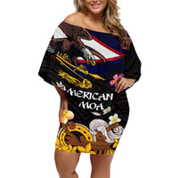 American Samoa Fue and Kava Bowl Family Matching Off Shoulder Short Dress and Hawaiian Shirt Plumeria and Polynesian Pattern LT03 Mom's Dress Black - Polynesian Pride