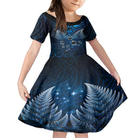 New Zealand Matariki Family Matching Off The Shoulder Long Sleeve Dress and Hawaiian Shirt Maori Pattern and Kiwi Bird Haka Dance Sky Night LT03 Daughter's Dress Blue - Polynesian Pride
