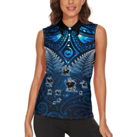 New Zealand Matariki Women Sleeveless Polo Shirt Maori Pattern and Kiwi Bird Haka Dance Sky Night LT03 - Polynesian Pride