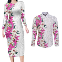 Hawaii Tropical Leaves and Flowers Couples Matching Long Sleeve Bodycon Dress and Long Sleeve Button Shirt Tribal Polynesian Pattern White Style LT03 White - Polynesian Pride