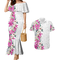 Hawaii Tropical Leaves and Flowers Couples Matching Mermaid Dress and Hawaiian Shirt Tribal Polynesian Pattern White Style LT03 White - Polynesian Pride