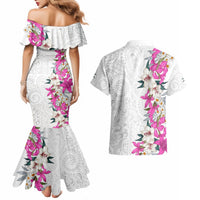 Hawaii Tropical Leaves and Flowers Couples Matching Mermaid Dress and Hawaiian Shirt Tribal Polynesian Pattern White Style LT03 - Polynesian Pride