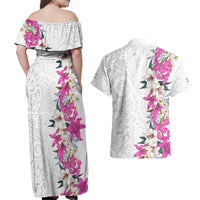 Hawaii Tropical Leaves and Flowers Couples Matching Off Shoulder Maxi Dress and Hawaiian Shirt Tribal Polynesian Pattern White Style LT03 - Polynesian Pride