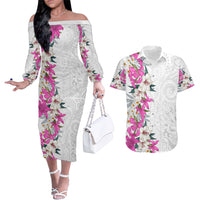 Hawaii Tropical Leaves and Flowers Couples Matching Off The Shoulder Long Sleeve Dress and Hawaiian Shirt Tribal Polynesian Pattern White Style LT03 White - Polynesian Pride