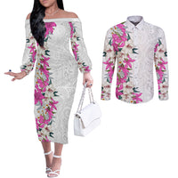 Hawaii Tropical Leaves and Flowers Couples Matching Off The Shoulder Long Sleeve Dress and Long Sleeve Button Shirt Tribal Polynesian Pattern White Style LT03 White - Polynesian Pride