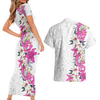 Hawaii Tropical Leaves and Flowers Couples Matching Short Sleeve Bodycon Dress and Hawaiian Shirt Tribal Polynesian Pattern White Style LT03 - Polynesian Pride