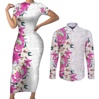 Hawaii Tropical Leaves and Flowers Couples Matching Short Sleeve Bodycon Dress and Long Sleeve Button Shirt Tribal Polynesian Pattern White Style LT03 White - Polynesian Pride