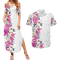 Hawaii Tropical Leaves and Flowers Couples Matching Summer Maxi Dress and Hawaiian Shirt Tribal Polynesian Pattern White Style LT03 White - Polynesian Pride