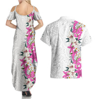 Hawaii Tropical Leaves and Flowers Couples Matching Summer Maxi Dress and Hawaiian Shirt Tribal Polynesian Pattern White Style LT03 - Polynesian Pride