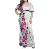 Hawaii Tropical Leaves and Flowers Family Matching Off Shoulder Maxi Dress and Hawaiian Shirt Tribal Polynesian Pattern White Style LT03 Mom's Dress White - Polynesian Pride