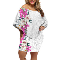 Hawaii Tropical Leaves and Flowers Family Matching Off Shoulder Short Dress and Hawaiian Shirt Tribal Polynesian Pattern White Style LT03 Mom's Dress White - Polynesian Pride