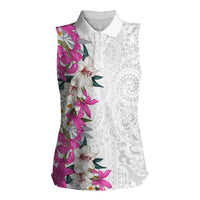 Hawaii Tropical Leaves and Flowers Women Sleeveless Polo Shirt Tribal Polynesian Pattern White Style LT03 Female White - Polynesian Pride
