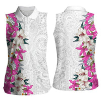 Hawaii Tropical Leaves and Flowers Women Sleeveless Polo Shirt Tribal Polynesian Pattern White Style LT03 - Polynesian Pride