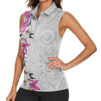 Hawaii Tropical Leaves and Flowers Women Sleeveless Polo Shirt Tribal Polynesian Pattern White Style LT03 - Polynesian Pride