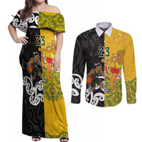 Aotearoa New Zealand And Australia Basketball Custom Couples Matching Off Shoulder Maxi Dress and Long Sleeve Button Shirt Maori Tribal Tattoo And Aboriginal Dot Art Heritage LT03 Multicolor - Polynesian Pride