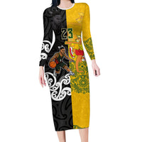 Aotearoa New Zealand And Australia Basketball Custom Family Matching Long Sleeve Bodycon Dress and Hawaiian Shirt Maori Tribal Tattoo And Aboriginal Dot Art Heritage LT03 Mom's Dress Multicolor - Polynesian Pride