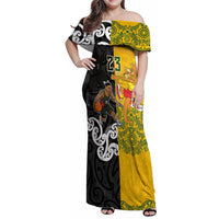 Aotearoa New Zealand And Australia Basketball Custom Family Matching Off Shoulder Maxi Dress and Hawaiian Shirt Maori Tribal Tattoo And Aboriginal Dot Art Heritage LT03 Mom's Dress Multicolor - Polynesian Pride