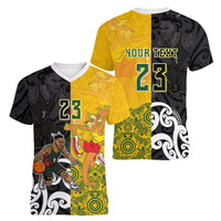 Aotearoa New Zealand And Australia Basketball Custom Women V-Neck T-Shirt Maori Tribal Tattoo And Aboriginal Dot Art Heritage LT03 - Polynesian Pride